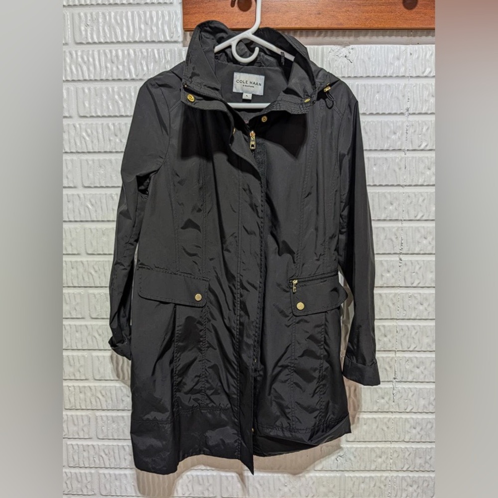 Cole Haan Women's Black Solid Long-Sleeve Lightweight Rain Coat Size L